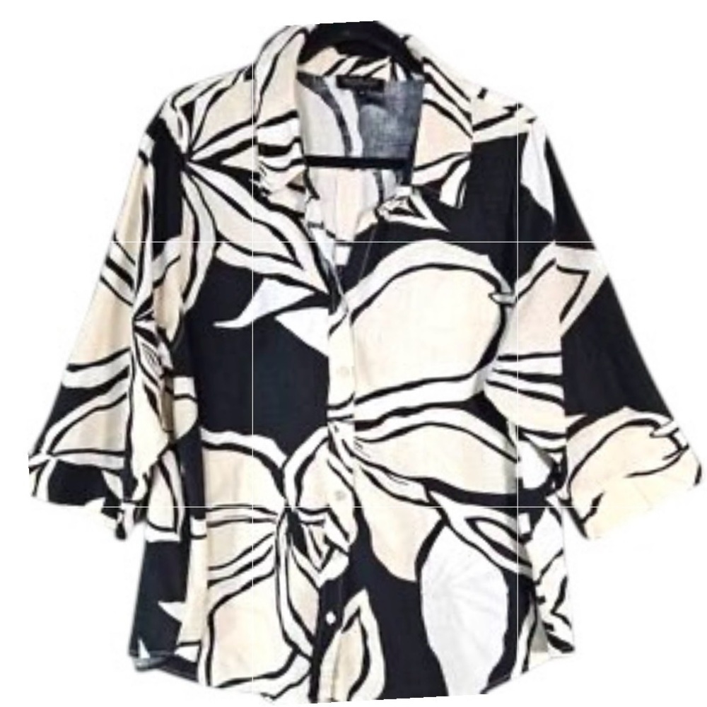 Rachel Zoe Black Beige Floral 3/4 Sleeve Linen Blend Button Up Shirt Women’s 3X